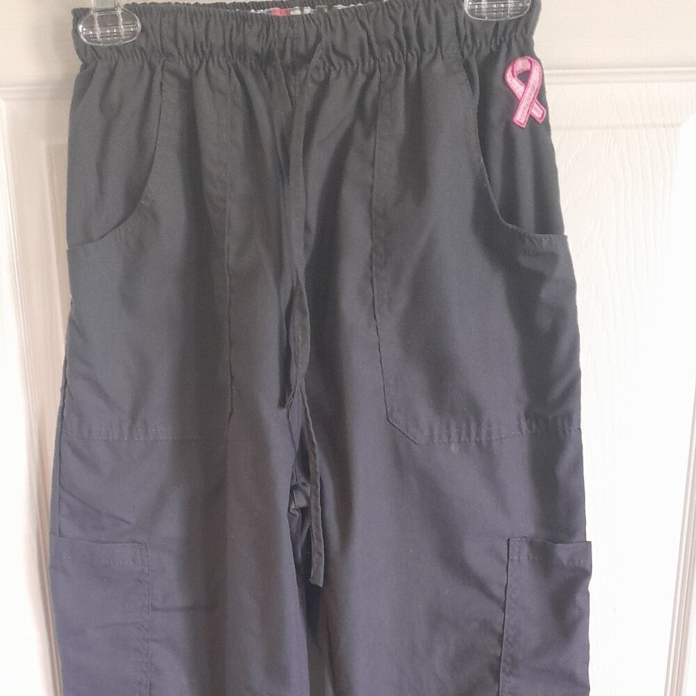 Denice Breast Cancer Awareness Scrub Pants Grey with Pink Ribbon logo sz M
